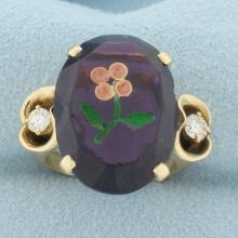 Hand Painted Amethyst And Diamond Flower Ring In 14k Yellow Gold