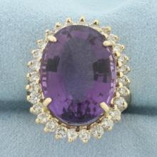 Large Amethyst And Diamond Halo Princess Diana Ring In 14k Yellow Gold