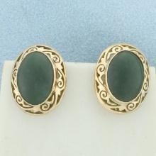 Vintage Jade Screw Back Non Pierced Ears Filigree Earrings In 14k Yellow Gold