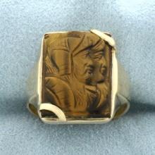Carved Spartan Soldier Tiger's Eye Ring In 14k Yellow Gold