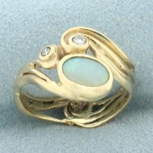 Vintage Opal And Diamond Ring In 10k Yellow Gold
