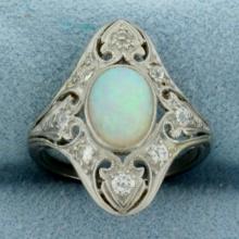 Antique Opal And Old European Diamond Filigree Ring In 18k White Gold