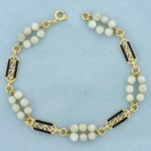 Italian Vintage Pearl Enamel Bracelet In 18k Yellow Gold