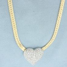 Italian 3ct Pave Diamond Heart Necklace In 14k Yellow Gold
