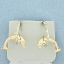 Diamond Dolphin Hoop Earrings In 14k Yellow And White Gold