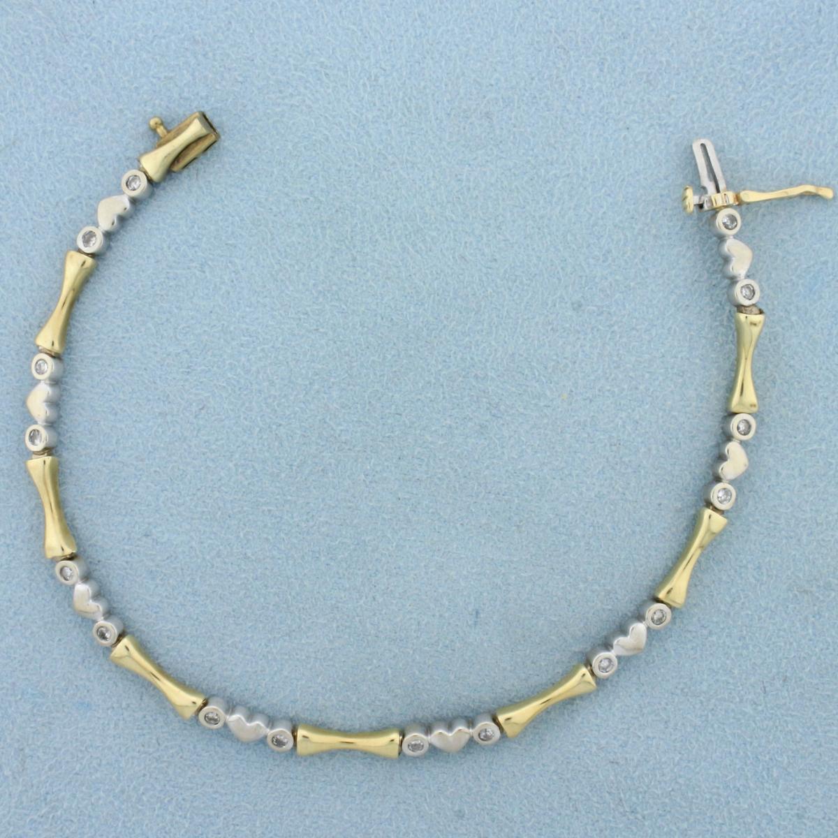 Diamond Heart Link Two Tone Bracelet In 14k Yellow And White Gold