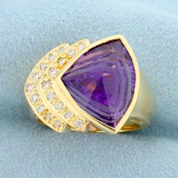 Designer Fancy Amethyst And Diamond Ring In 14k Yellow Gold