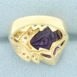Designer Fancy Amethyst And Diamond Ring In 14k Yellow Gold