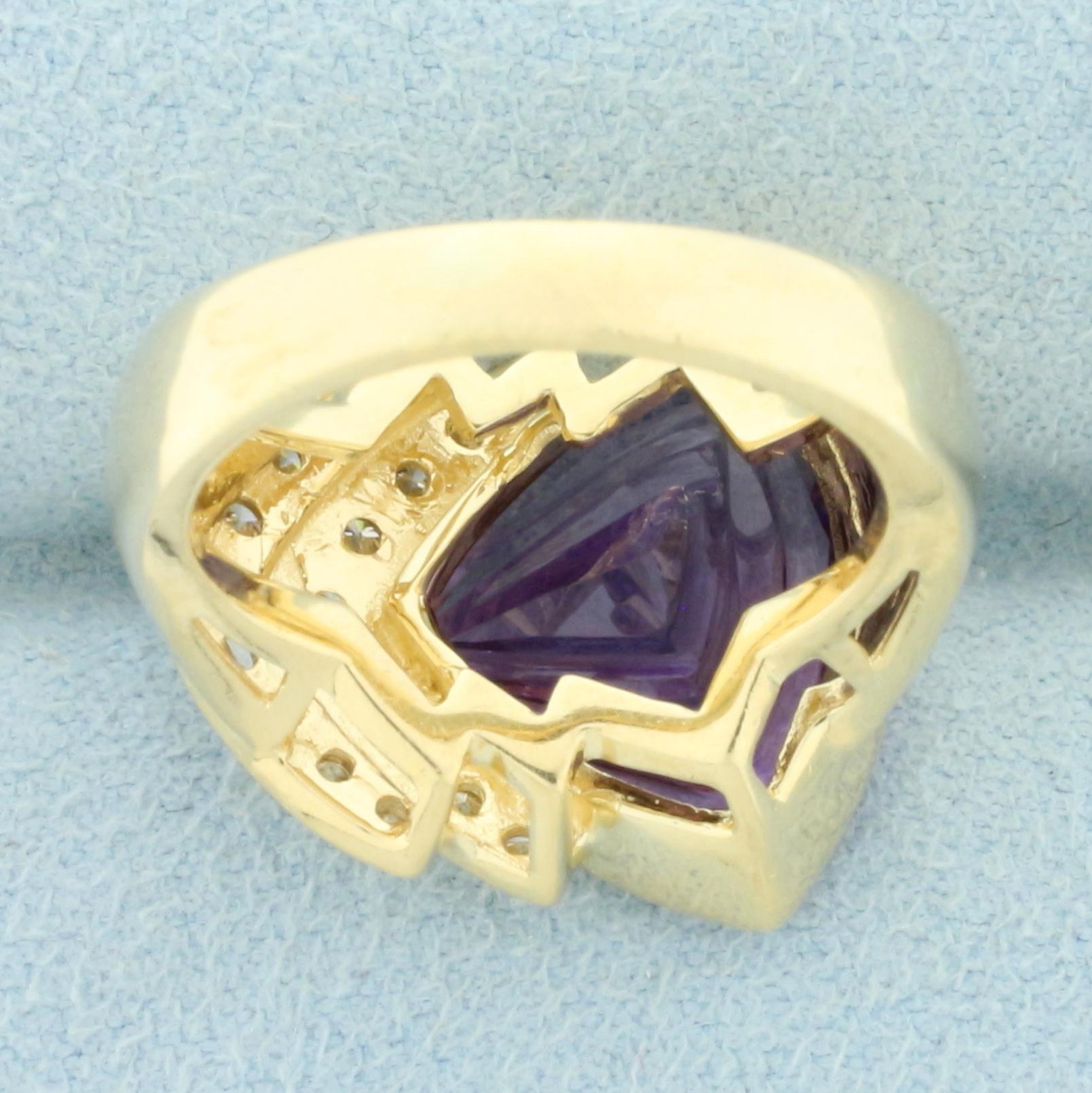 Designer Fancy Amethyst And Diamond Ring In 14k Yellow Gold