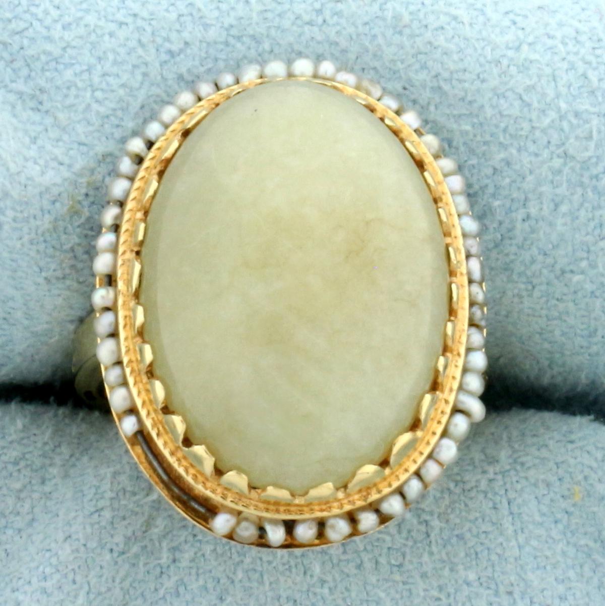 Antique Jade And Rotating Seed Pearl Ring In 14k Yellow Gold
