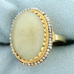 Antique Jade And Rotating Seed Pearl Ring In 14k Yellow Gold