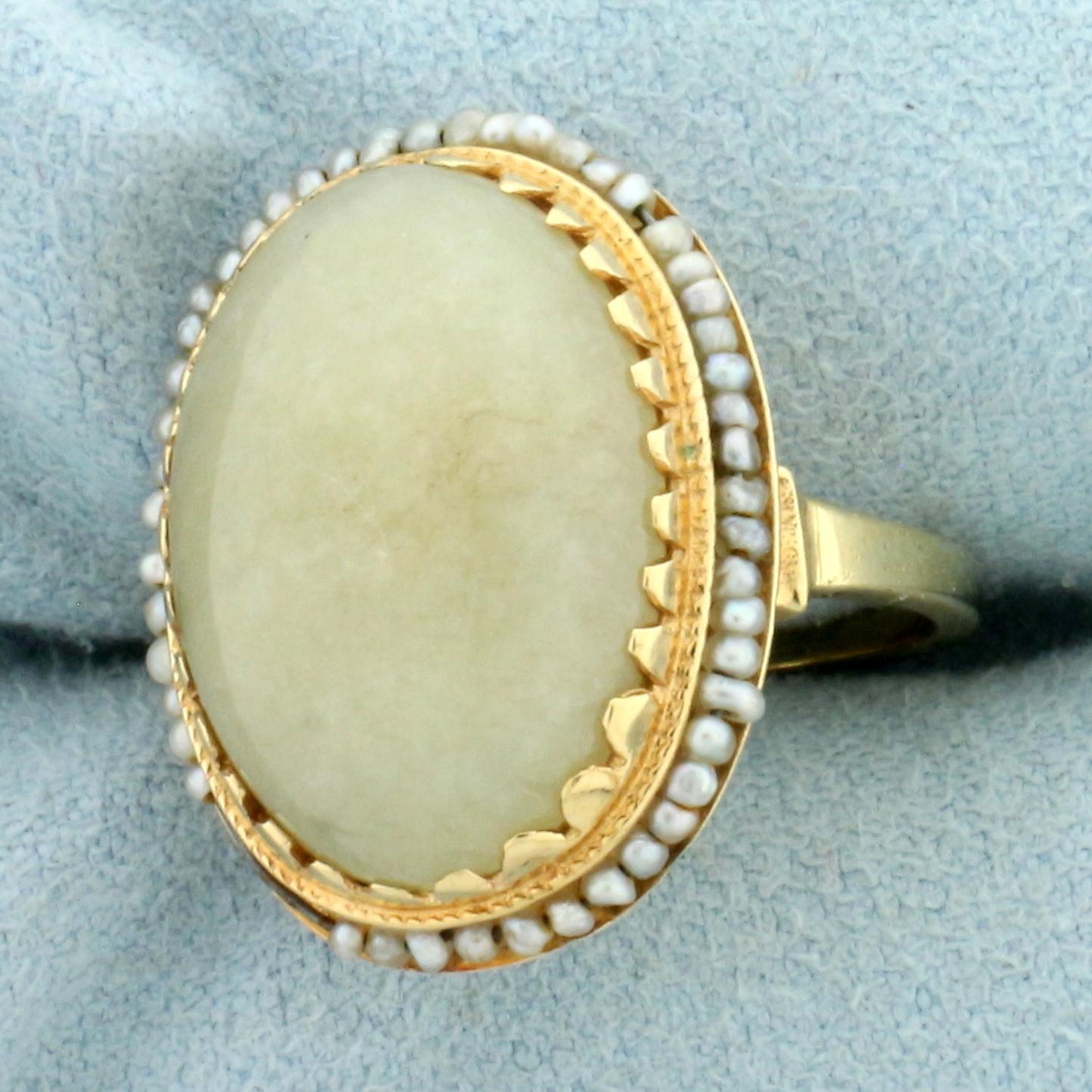 Antique Jade And Rotating Seed Pearl Ring In 14k Yellow Gold