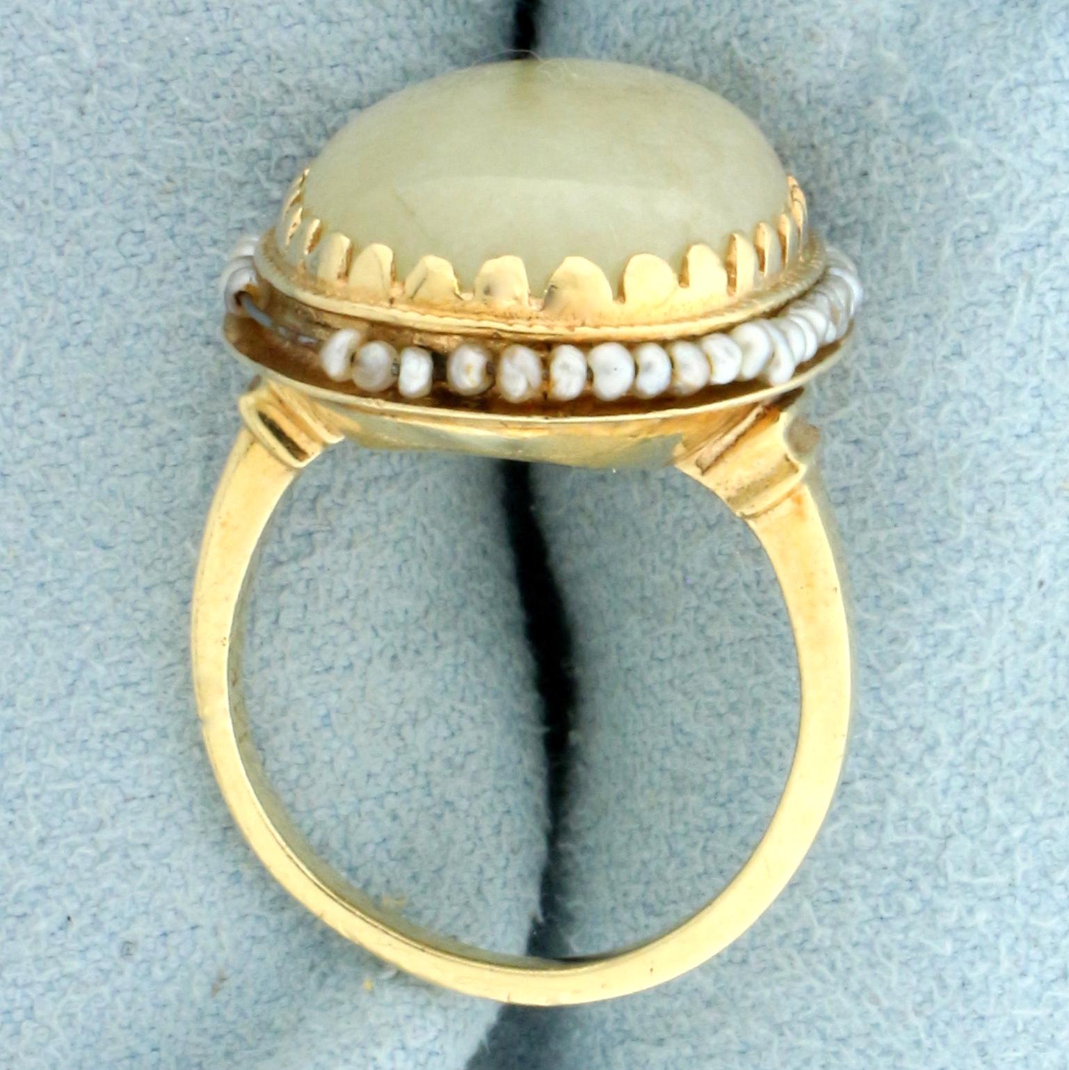 Antique Jade And Rotating Seed Pearl Ring In 14k Yellow Gold