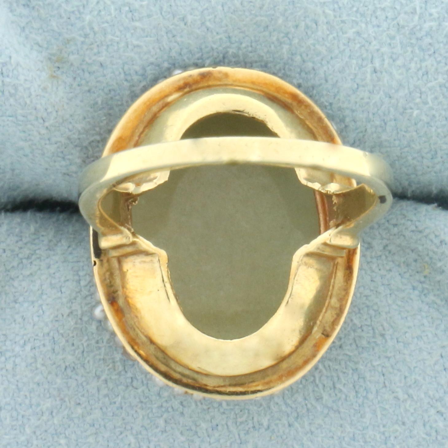 Antique Jade And Rotating Seed Pearl Ring In 14k Yellow Gold