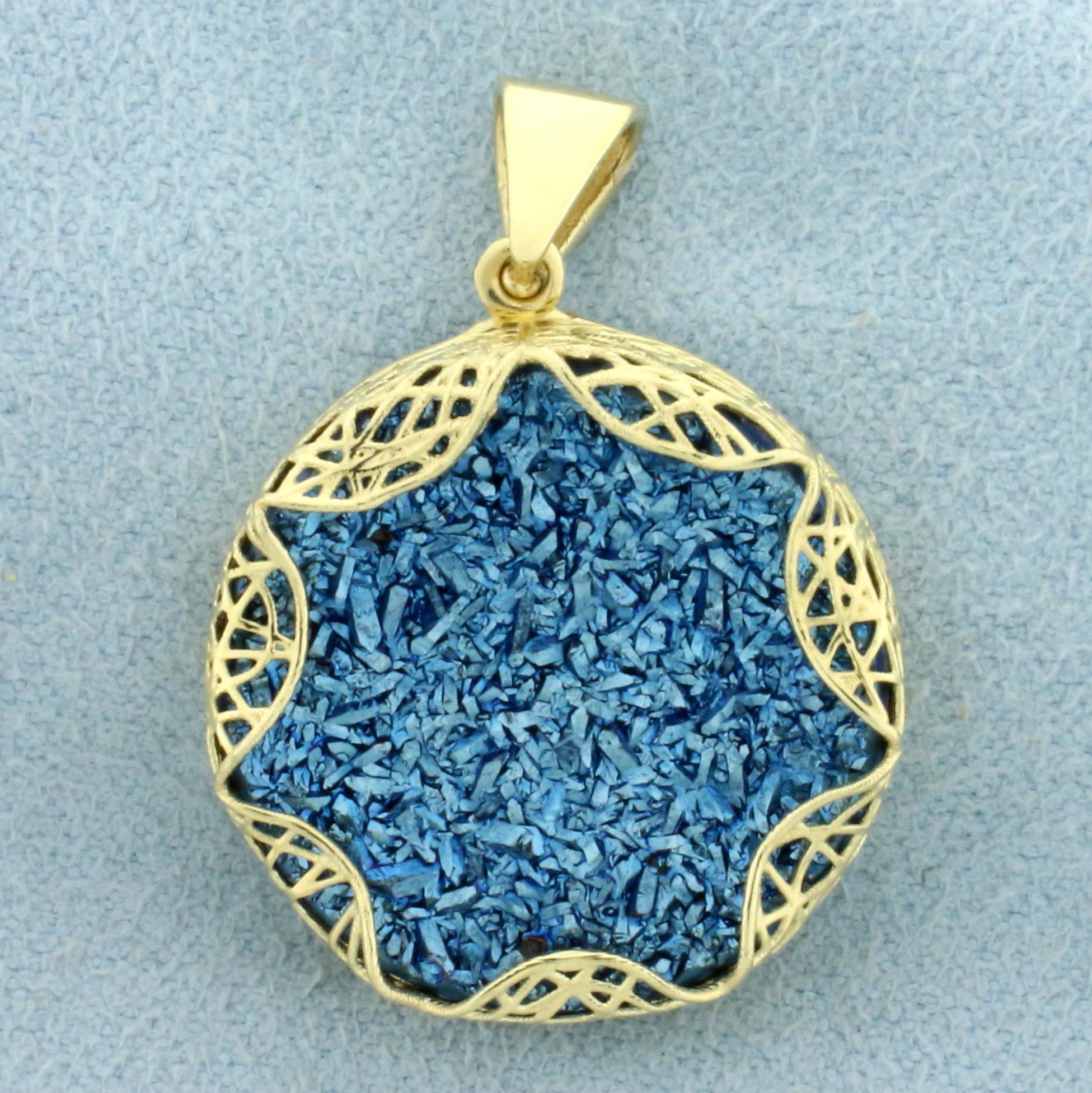 Blue Druzy Quartz Statement Pendant In 14k Yellow Gold