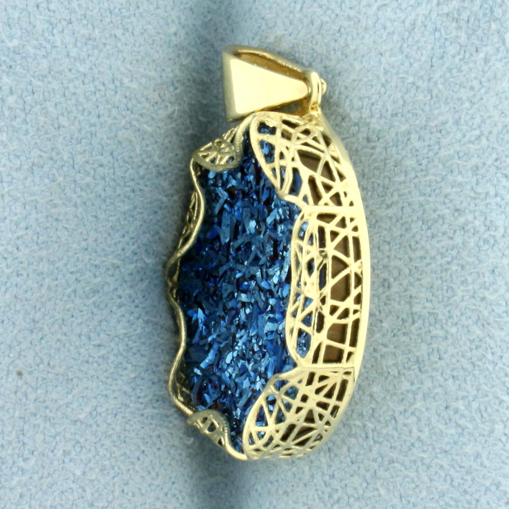 Blue Druzy Quartz Statement Pendant In 14k Yellow Gold