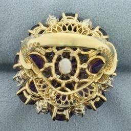 14ct Amethyst And Diamond Flower Statement Ring In 18k Yellow Gold