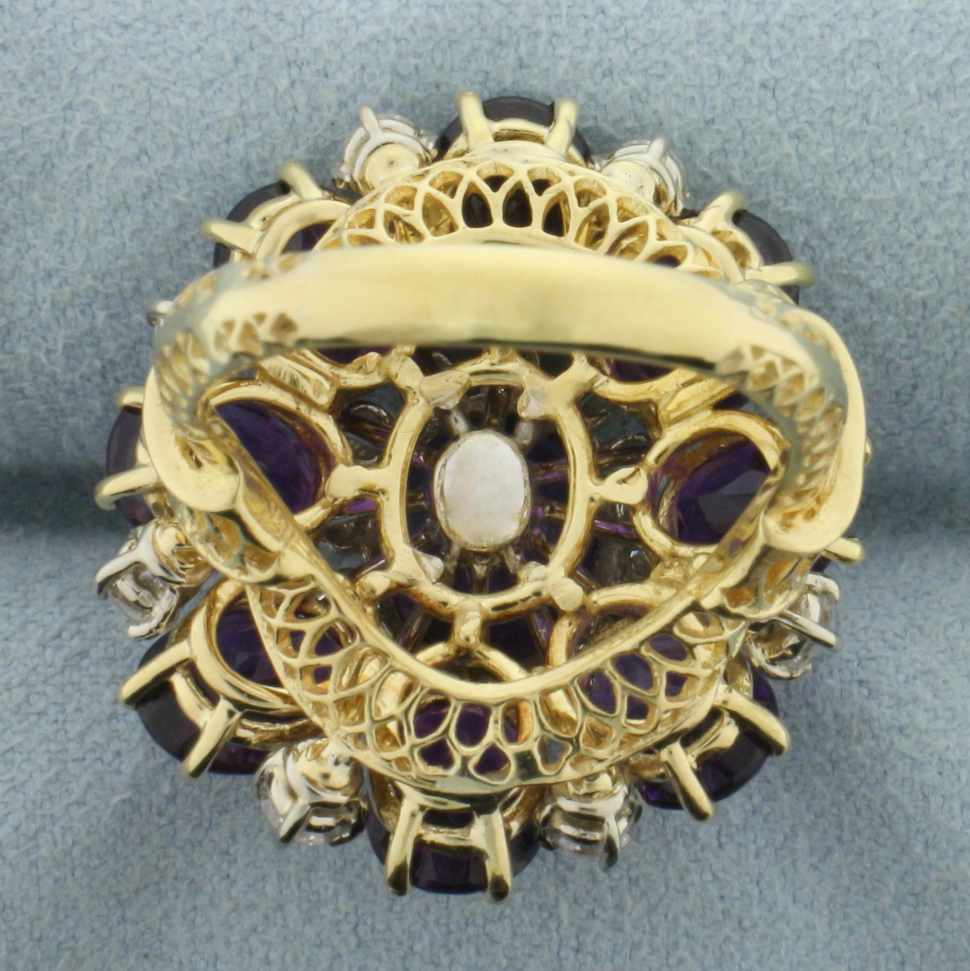 14ct Amethyst And Diamond Flower Statement Ring In 18k Yellow Gold