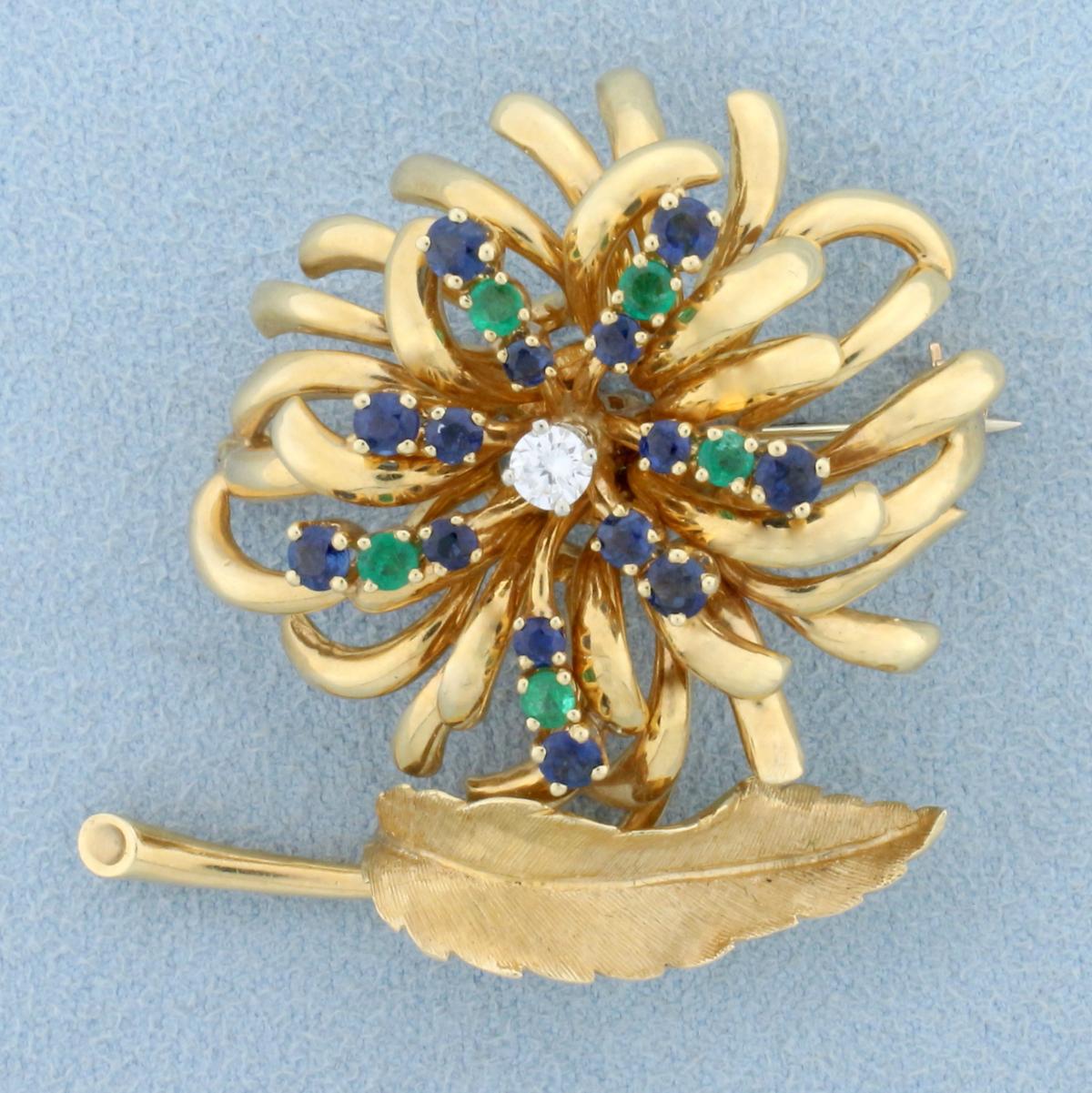 Vintage Designer Dan Frere Emerald, Sapphire, And Diamond Feather And Flower Design Pin Brooch In 14