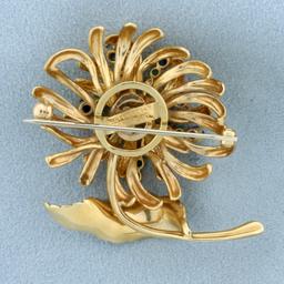 Vintage Designer Dan Frere Emerald, Sapphire, And Diamond Feather And Flower Design Pin Brooch In 14