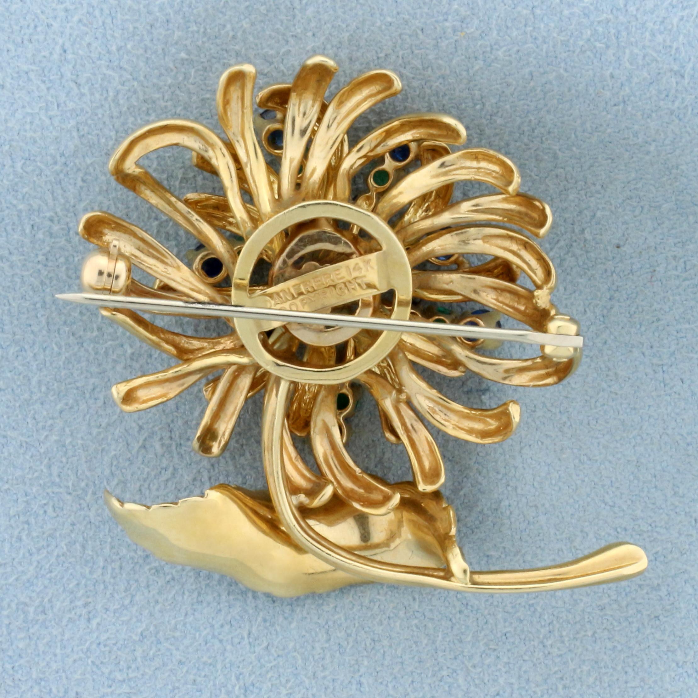 Vintage Designer Dan Frere Emerald, Sapphire, And Diamond Feather And Flower Design Pin Brooch In 14