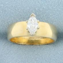 Vintage Marquise Diamond Solitaire Wide Band Engagement Ring In 14k Yellow Gold