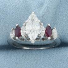 Marquise Diamond And Ruby Engagement Ring In 14k White Gold