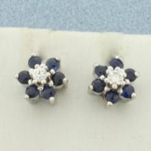 Sapphire And Diamond Flower Target Design Earrings In 14k White Gold