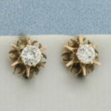 Vintage Diamond Buttercup Stud Earrings In 14k Yellow Gold