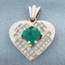 Emerald And Diamond Heart Pendant In 14k White Gold