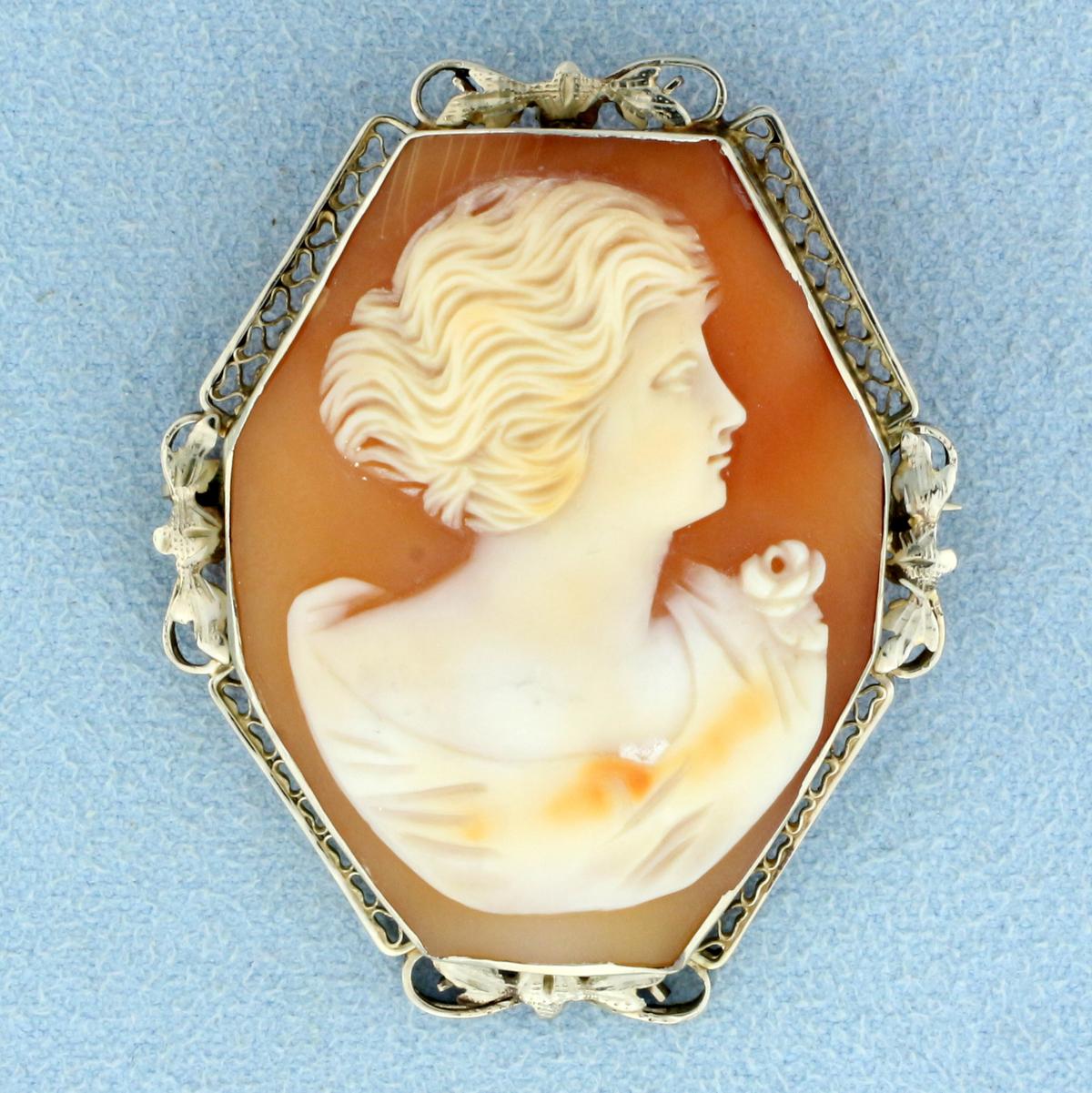 Antique Hand Carved Shell Cameo Pendant Or Pin In 14k White Gold