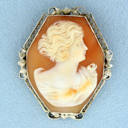 Antique Hand Carved Shell Cameo Pendant Or Pin In 14k White Gold