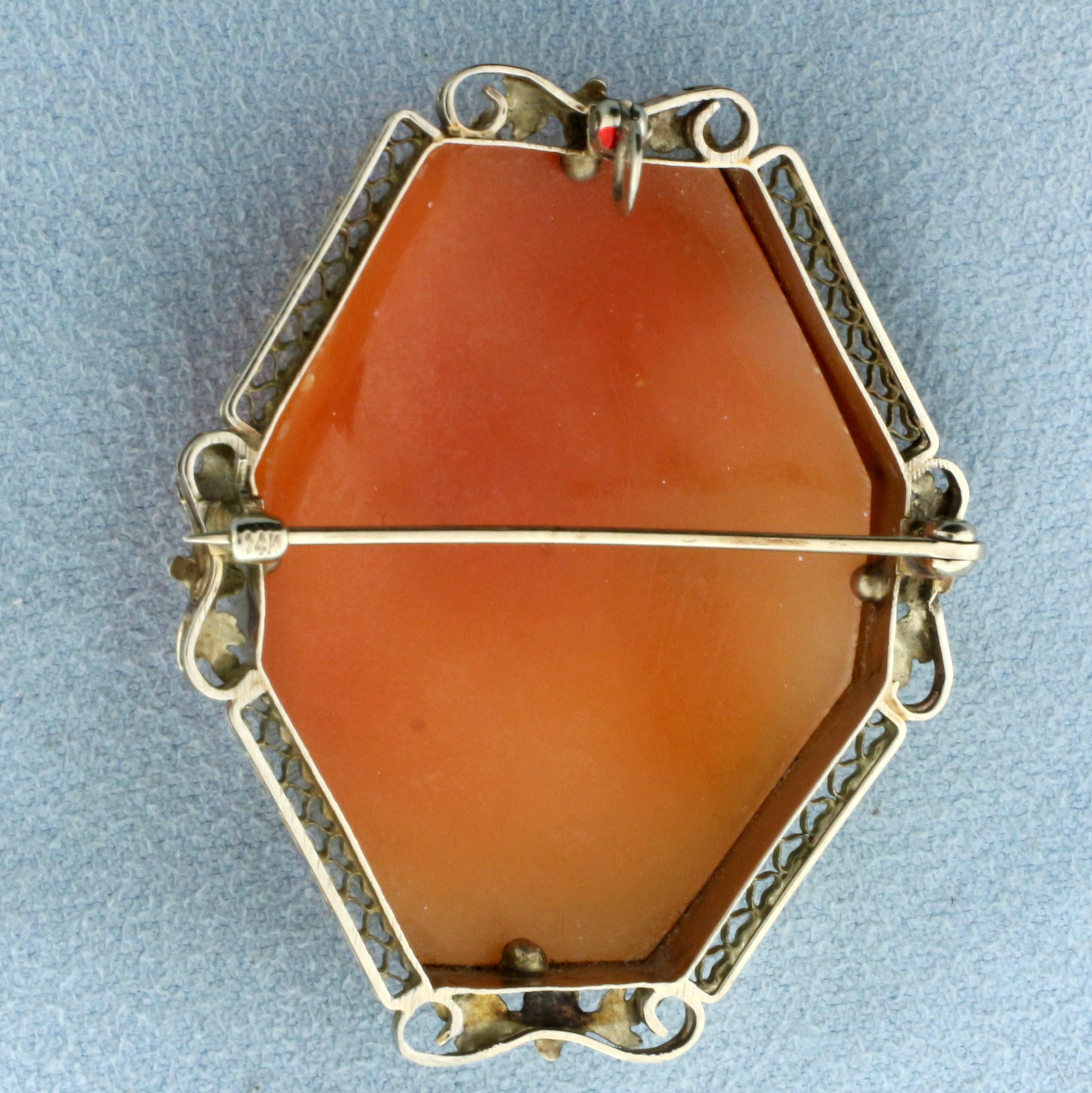 Antique Hand Carved Shell Cameo Pendant Or Pin In 14k White Gold