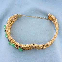 Graduated Natural Sapphire And Jade Heavy Bangle Bracelet In 14k Yellow Gold