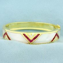 Ruby, Mother Of Pearl And Diamond Bangle Bracelet In 18k Yellow Gold