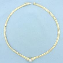 Italian Round And Baguette Diamond Designer Necklace In 14k Yellow Gold