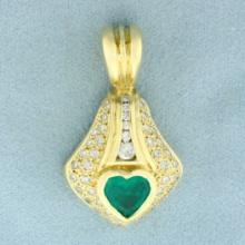 Heart Emerald And Diamond Pendant In 14k Yellow Gold