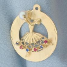 Pearl, Ruby, And Sapphire Dancer Charm Or Pendant In 14k Yellow Gold