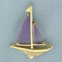 Amethyst And Diamond Sailboat Pendant In 14k Yellow Gold