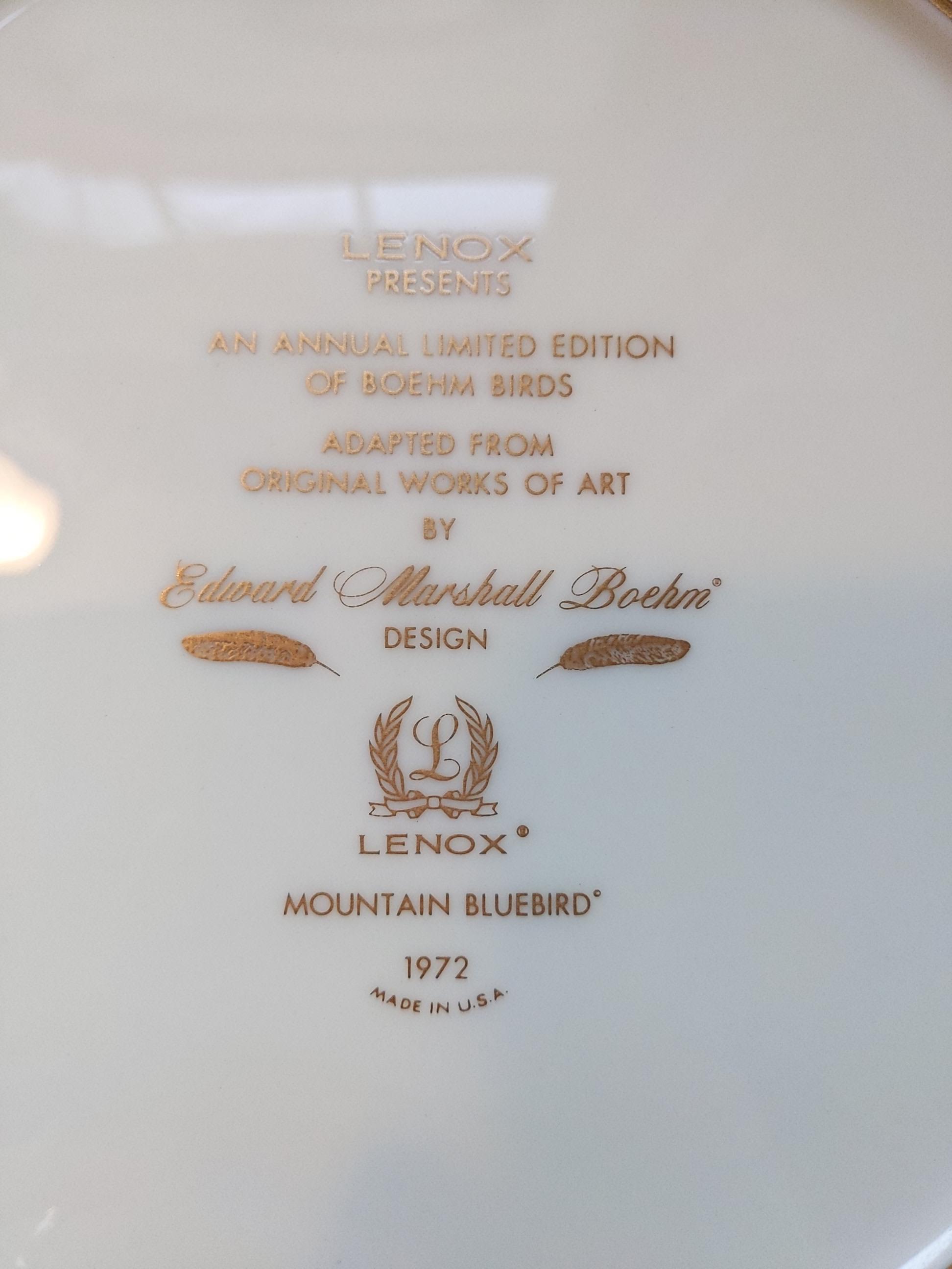 1972 Lenox Boehm Mountain Bluebird plate