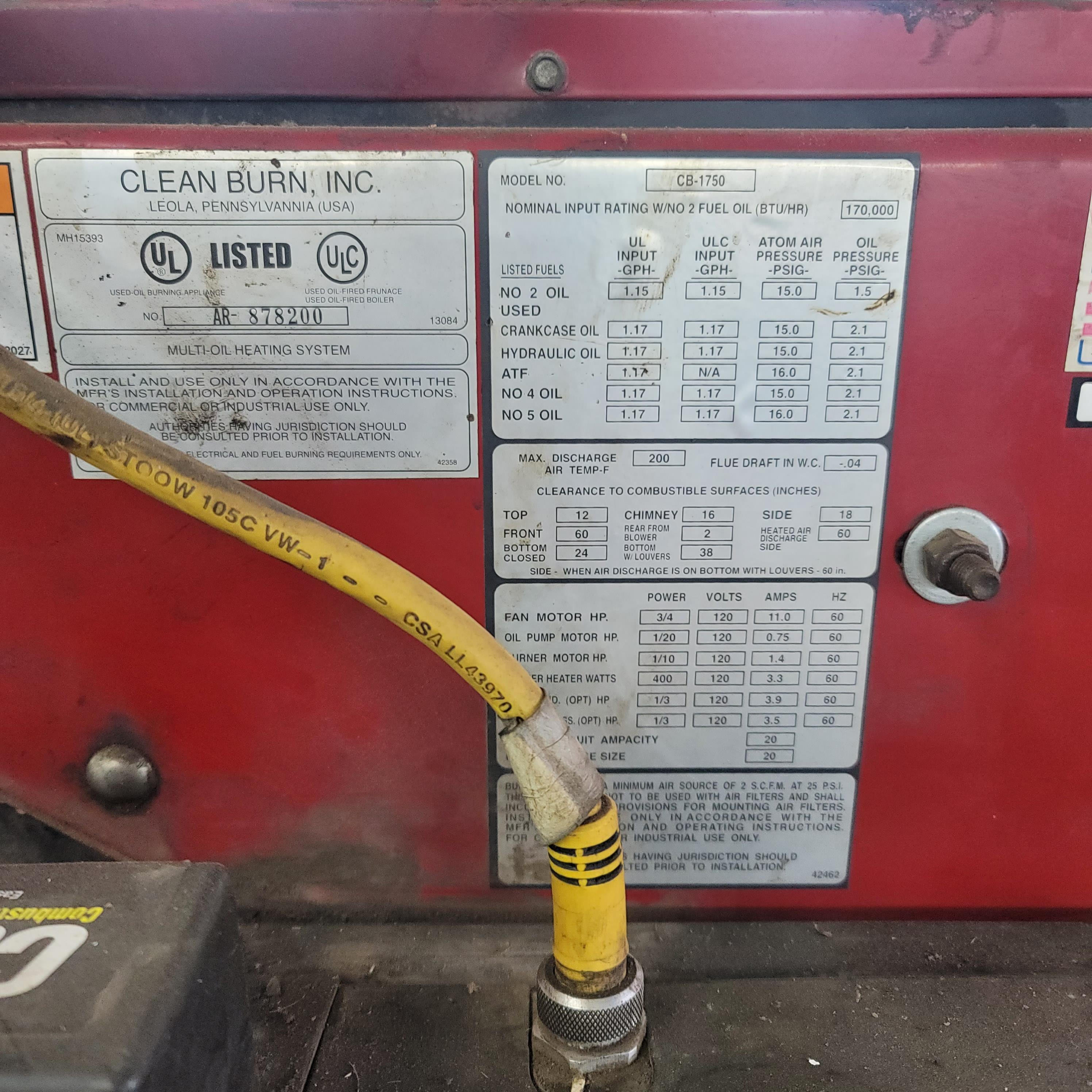 Clean burn waste oil Model CB 1750