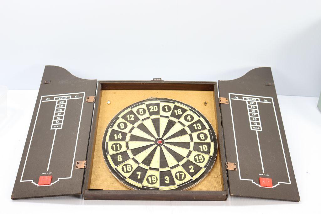 Mini fridge and dart board