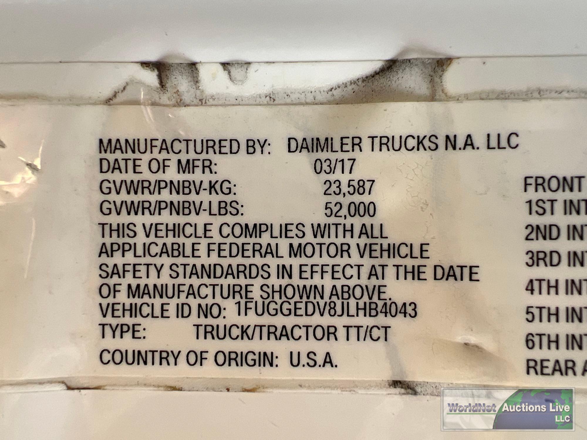 2018 FREIGHTLINER CASCADIA 125 6x2 DAY CAB ROAD TRACTOR, VIN # 1FUGGEDV8JLHB4043