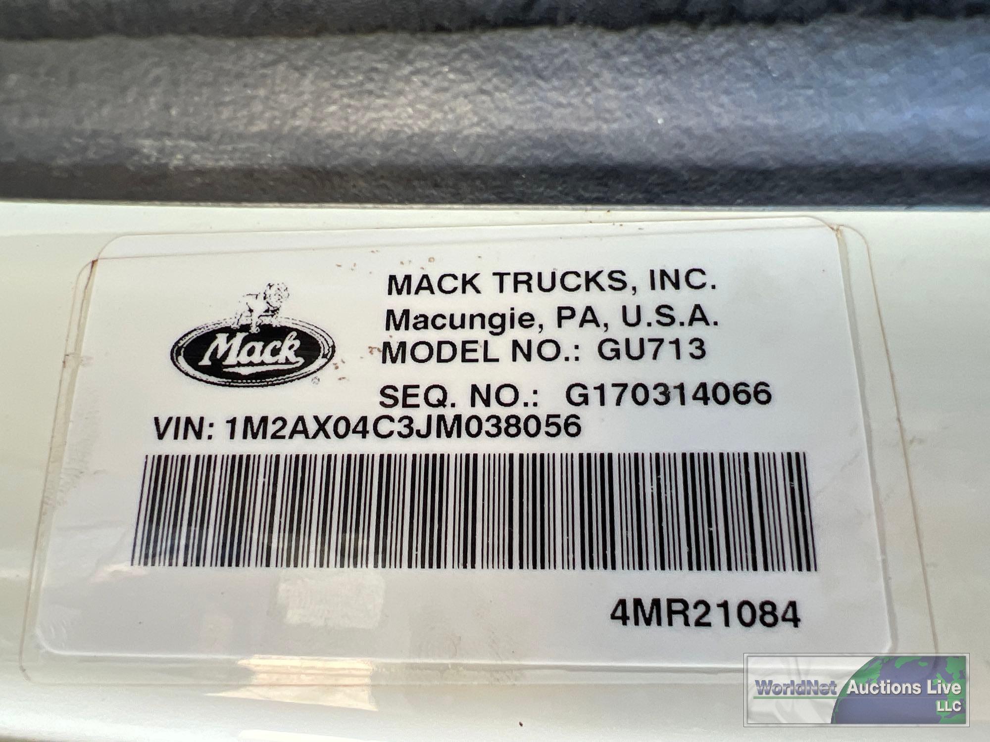 2018 MACK GU713 TRI-AXLE DUMP TRUCK, VIN # 1M2AX04C3JM038056