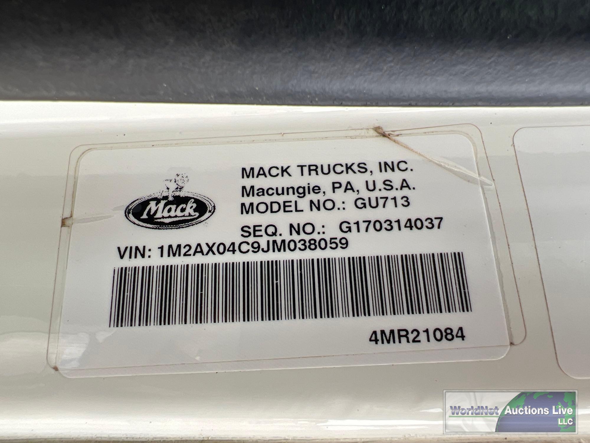 2018 MACK GU713 TRI-AXLE DUMP TRUCK, VIN # 1M2AX04C9JM038059