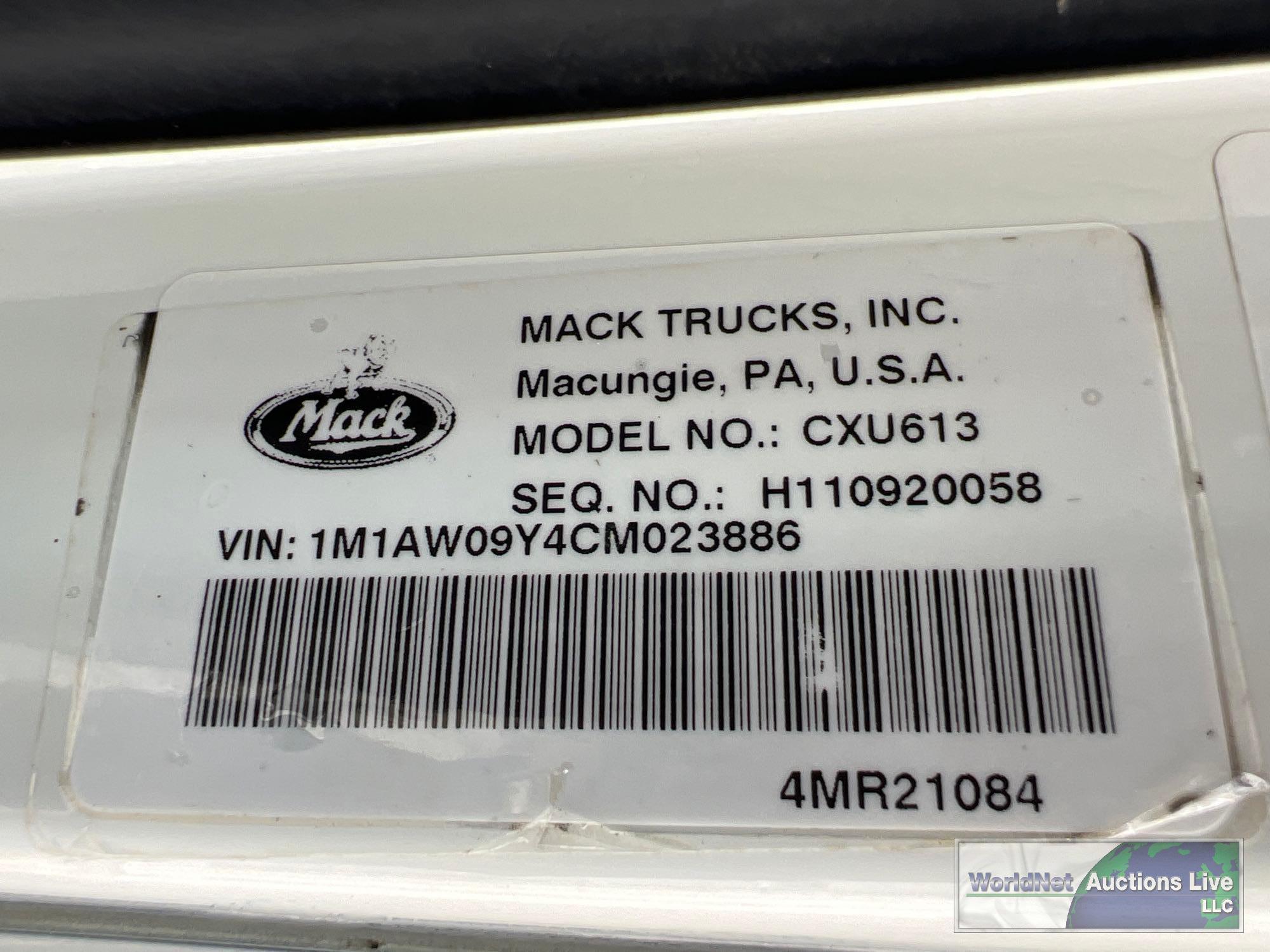 2012 MACK CXU613 DAY CAB ROAD TRACTOR, VIN # 1M1AW09Y4CM023886