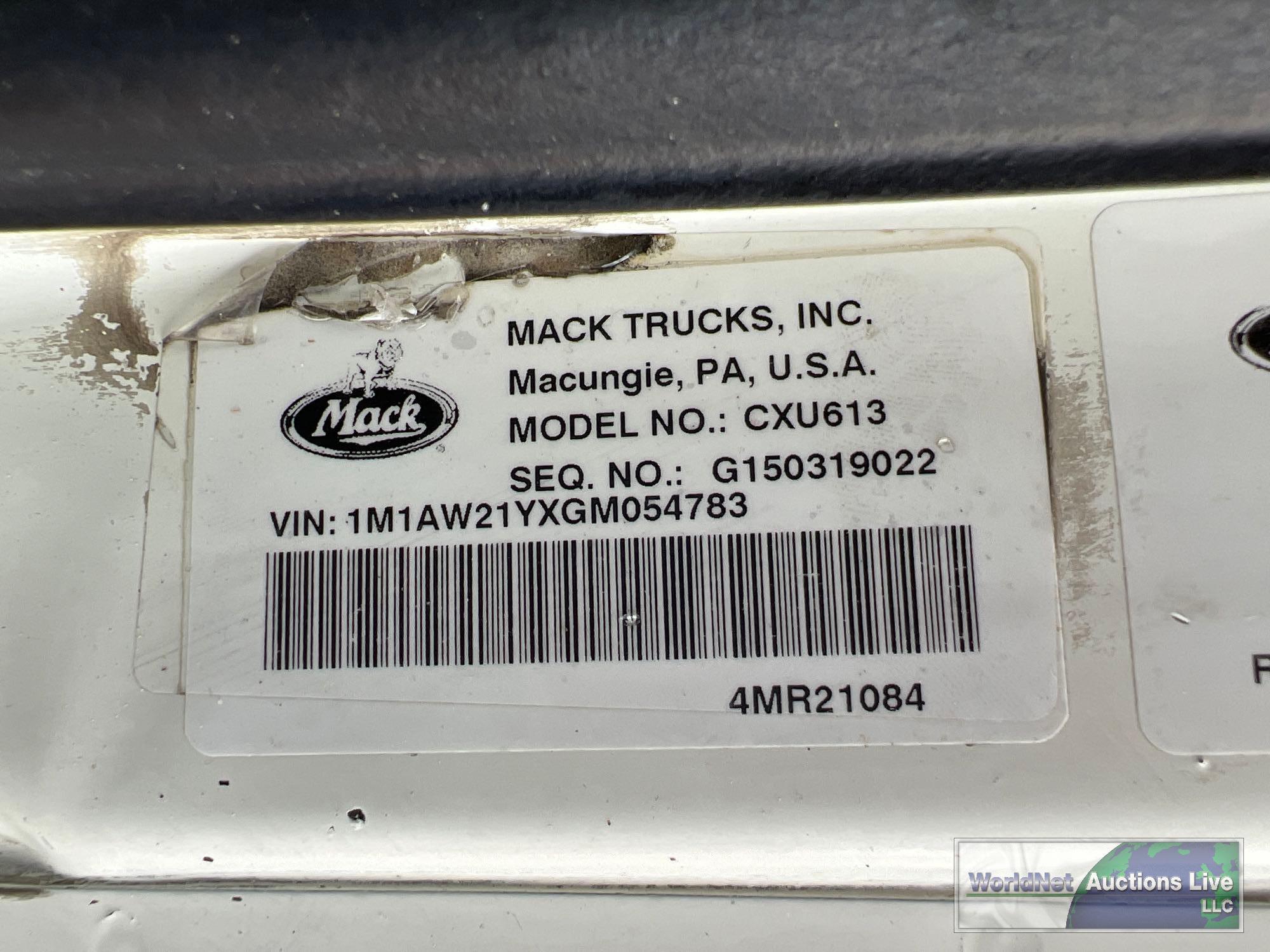 2016 MACK CXU613 DAY CAB ROAD TRACTOR, VIN # 1M1AW21YXGM054783