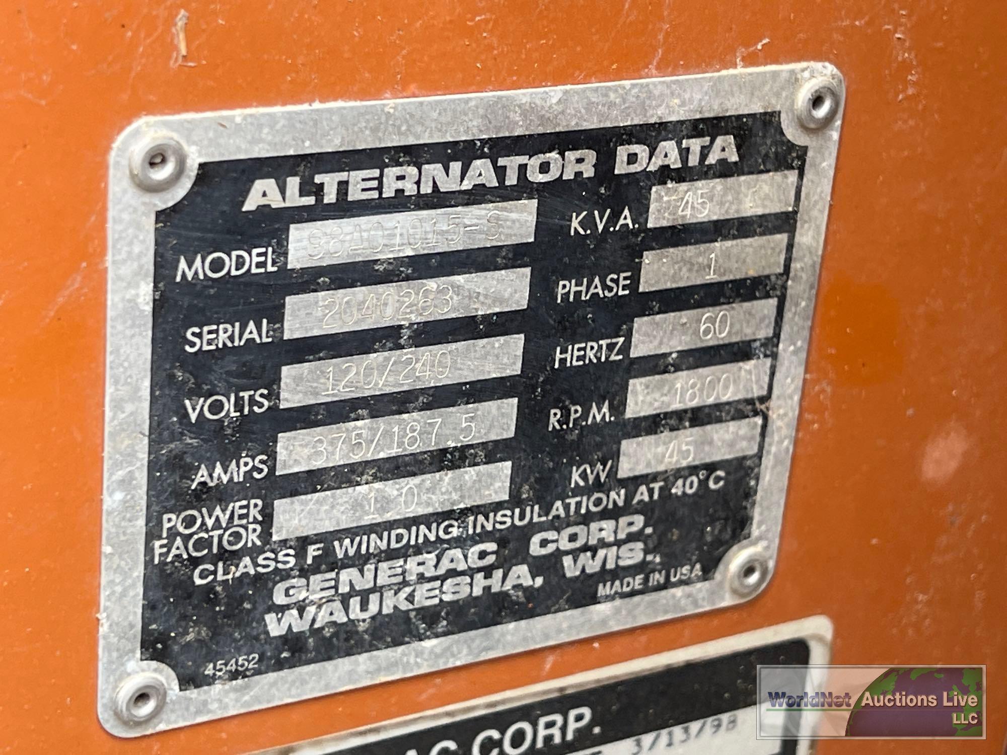 GENERAC 98A01015-S STAND BY GENERATOR SN-2040263