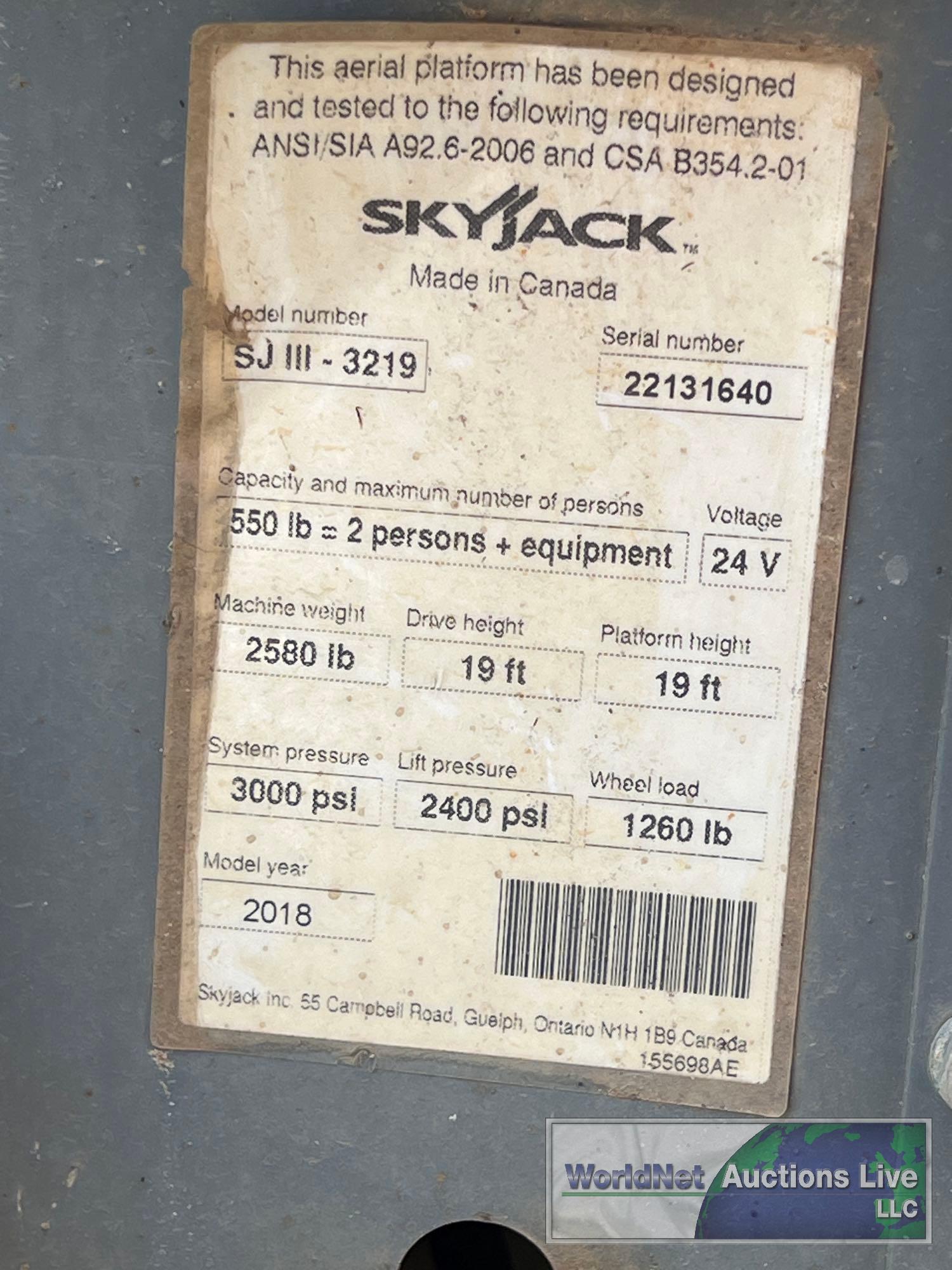 2018 SKYJACK SJlll-3219 SCISSOR LIFT SN-22131640