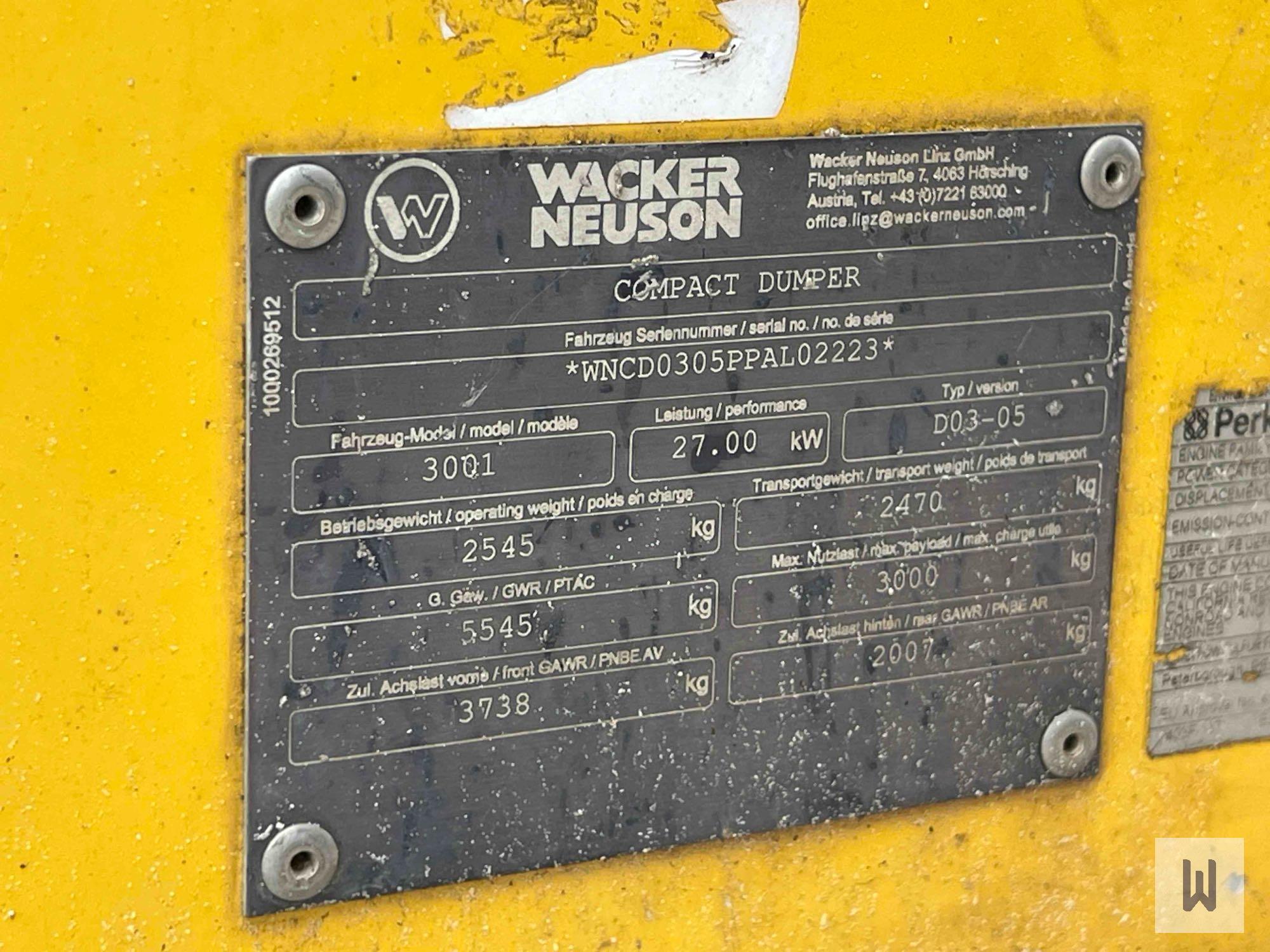 WACKER NEUSON 3001 COMPACT DUMPER, SN-WNCD0305PPAL02223